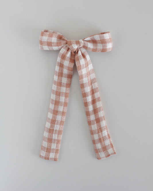 BOW CLIP [flutter] - Gingham plaid,camel/white