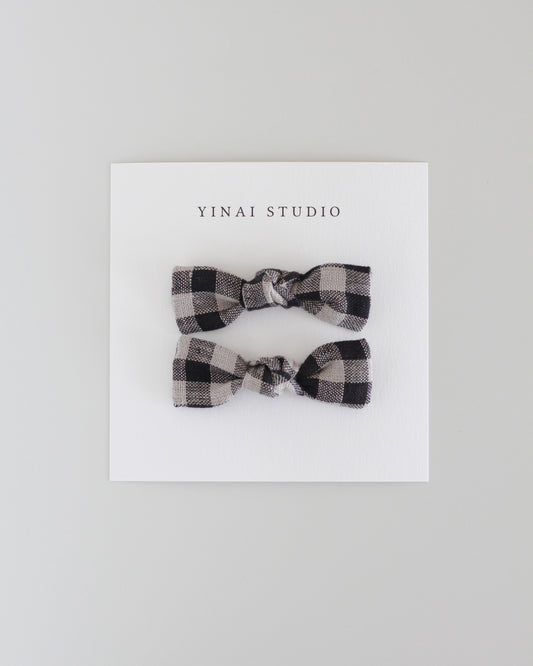 BOW CLIP [tiny, set of 2] -Gingham plaid, black/gray