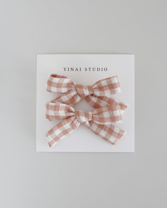 BOW CLIP [small, set of 2] - Gingham plaid,camel/white
