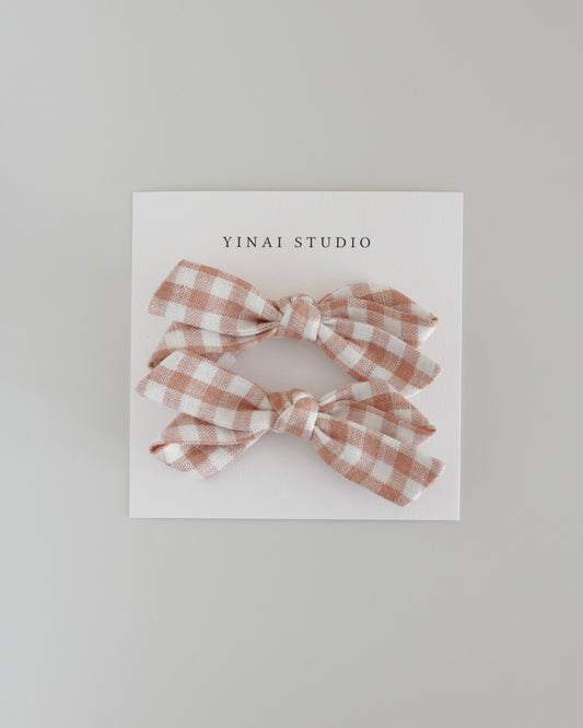 BOW CLIP [twist, set of 2] -Gingham plaid,camel/white
