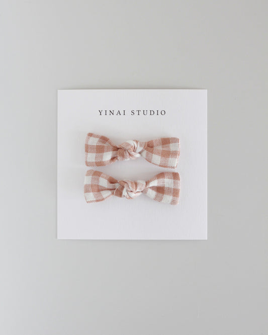 BOW CLIP [tiny, set of 2] -Gingham plaid,camel/white