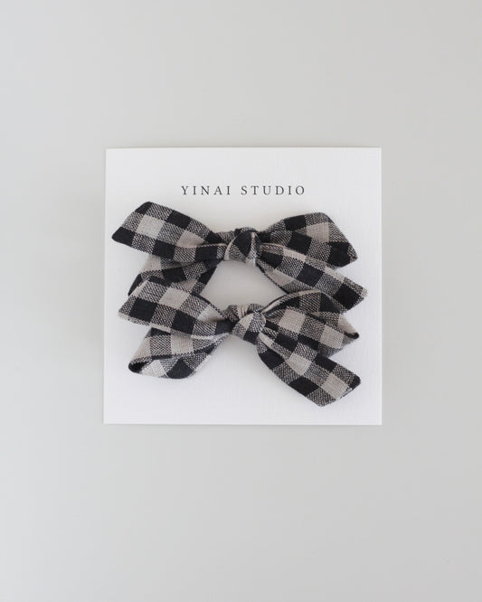 BOW CLIP [twist, set of 2] -Gingham plaid, black/gray