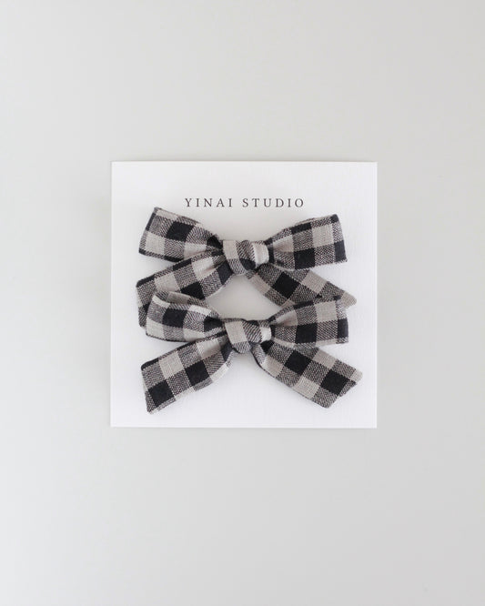 BOW CLIP [small, set of 2] - Gingham plaid, black/gray