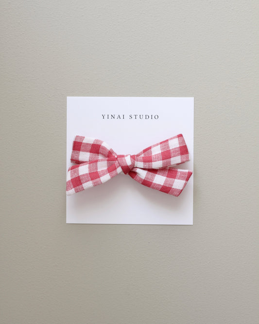 BOW CLIP / HEADBAND [medium] - Gingham plaid, red/white