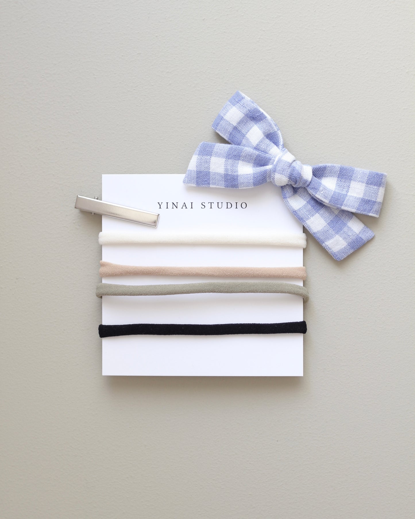 BOW CLIP / HEADBAND [medium] - Gingham plaid, iris blue/white