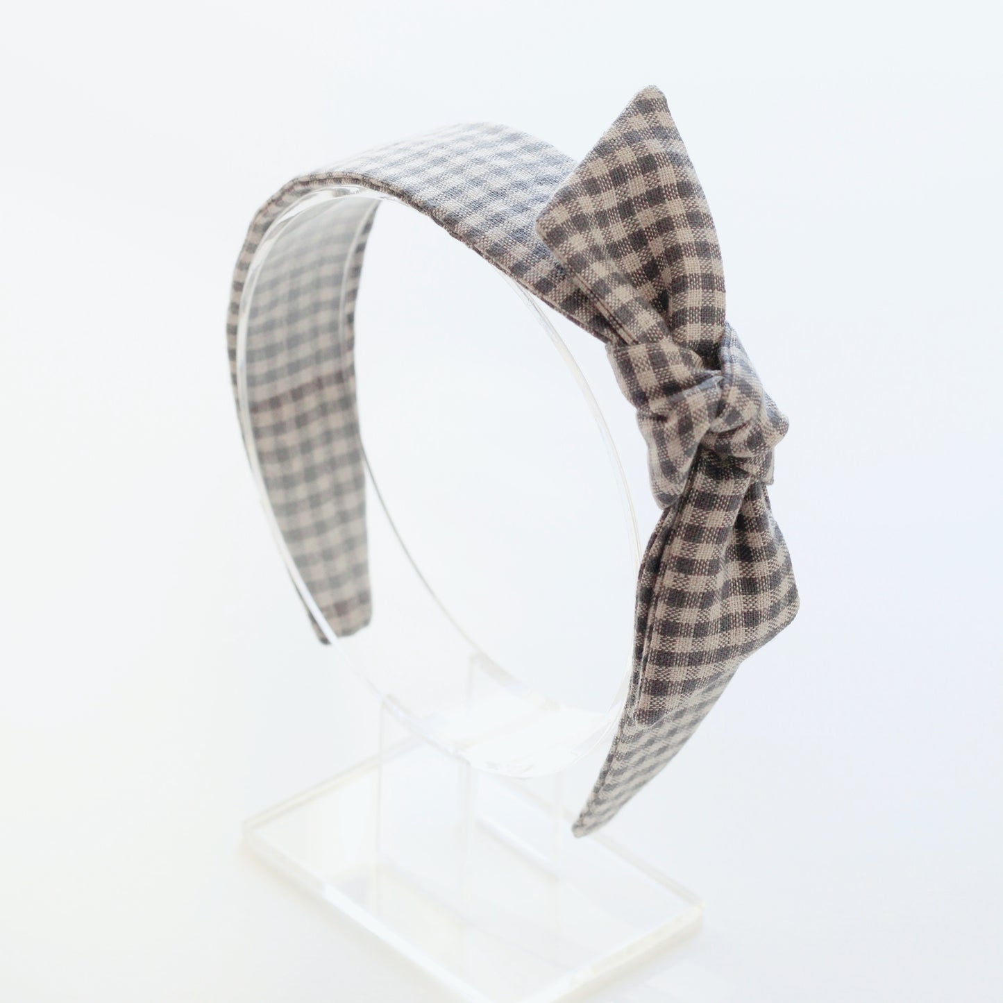 BOW HEADBAND [library] - Gingham plaid, cool gray/ecru