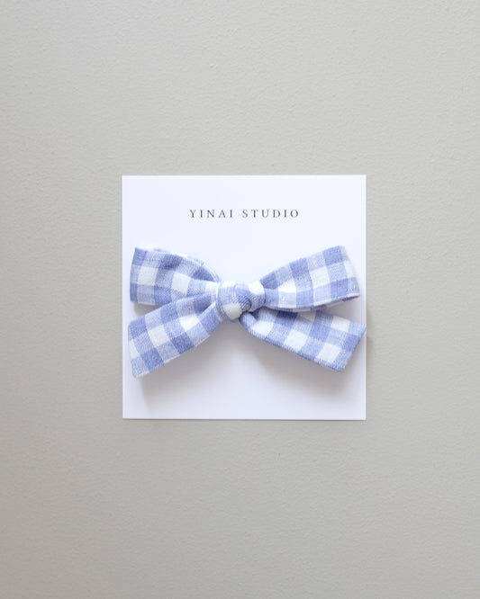 BOW CLIP / HEADBAND [medium] - Gingham plaid, iris blue/white