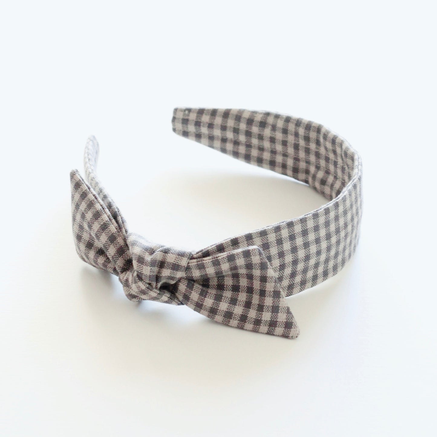 BOW HEADBAND [library] - Gingham plaid, cool gray/ecru